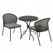 Salon de jardin 2 pers - table ronde D70 et 2 chaises grises et noires