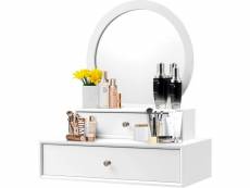 Costway miroir de maquillage sur coiffeuse, coiffeuse avec miroir rond, 2 tiroirs amovibles en bois avec poignée d'anneau en cristal, coiffeuse murale