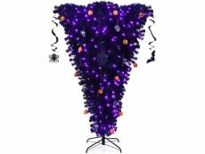 Costway sapin de noël artificiel noir 180 cm inversé arbre d'halloween avec 270 lumières led violettes décoré de citrouilles crânes