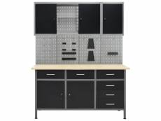 Etabli et 4 panneaux muraux et 2 armoires table de travail poste de travail rangement stockage d'outils etabli d'atelier garage helloshop26 02_0003670