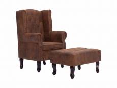 Fauteuil chaise siège lounge design club sofa salon chesterfield et repose-pieds marron synthétique daim helloshop26 1102228par3