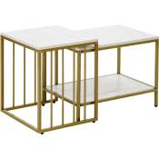 Homcom - Lot de 2 tables basses gigognes style art déco - acier doré panneaux aspect marbre blanc - Blanc