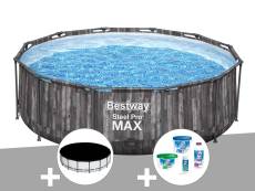 Kit piscine tubulaire ronde Bestway Steel Pro Max décor bois 3,66 x 1,00 m + Kit de traitement au chlore + Bâche de protection