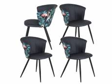 Lot de 4 chaises de salle à manger fauteuil avec dossier assise rembourrée en tissu imprimé stylisé flamant pieds en métal, bleu