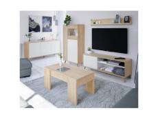 Séjour complet blanc-chêne - sag - meuble tv : l 135 x l 40 x h 50 cm ; table basse : l 100 x l 50 x h 43-54 cm ; vitrine : l 77 x l 33 x h 142 cm ; b