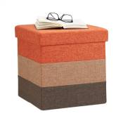 Tabouret cube carré pliant coffre de rangement pliable pouf rayé tricolore HxlxP: 38 x 38 x 38cm, orange brun - Relaxdays