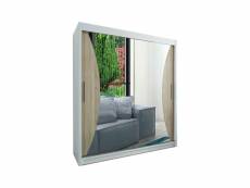 Armoire de chambre megra blanc/sonoma 200 avec 2 portes coulissantes et miroir penderie (tringle) avec étagères sans tiroirs