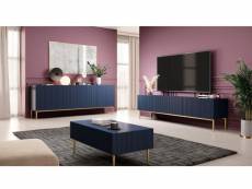 Bobochic ensemble kasha avec meuble tv 200 cm + buffet 4 portes 200 cm pieds or bleu foncé