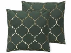 Lot de 2 coussins décoratifs vert foncé au motif doré 45 x 45 cm alyssum 203074