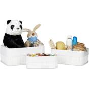 Relaxdays - Boîte rangement en bambou, lot 3, paniers ouverts rectangulaires, revêtement tissu, salle de bain, blanc