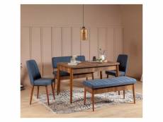 Set table extensible, 2 chaises, banc et banquette malva bois foncé et tissu bleu foncé