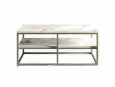 Table basse rectangle cubicum 2 tablettes bois marbre blanc et métal or