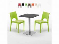Table carrée 60x60 pied acier et plateau noir avec 2 chaises colorées paris pistachio