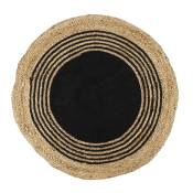 Tapis rond en jute et coton imprimé noir d. 90 cm