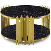 Lexie - Table basse ronde en verre effet marbre noir et pieds en métal doré - Noir