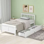Lit en bois, lit simple, lit jeune, lit adulte, avec tiroirs de rangement, structure en pin, blanc (90x200cm)
