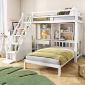 Lit superposé pour enfant 2 lits avec bureau et étagères, lit superposé avec 4 marches et espace de rangement, lit multifonction, lit pour jeune, lit