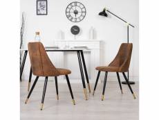 Lot de 2 chaises de salle à manger rétro fauteuil assise rembourrée en suédine pieds en métal noir et or, style industriel, marron