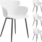 Lot de 4 chaises CATCH salle à manger ou cuisine design retro avec larges accoudoirs, coque en plastique blanc et 4 pieds métal noir - Blanc