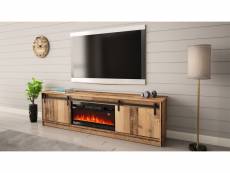 Meuble tv 200x57x35 cm couleur vieux bois grange avec cheminée chauffante intégrée meuble hi-fi à poser