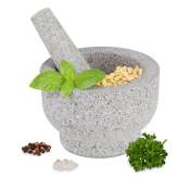 Mortier avec pilon, en granite, ustensile rond, pour épices et herbes, lourd, h x d : 10 x 15 cm, gris - Relaxdays