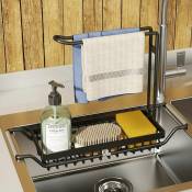 Organiseur d'évier de cuisine extensible pour évier de cuisine avec rail de suspension pour torchon en acier inoxydable (grand, noir)