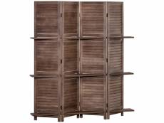 Paravent intérieur 4 panneaux 3 étagères pliables séparateur de pièce portes persiennes bois de paulownia aspect acajou foncé