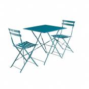 Sweeek - Salon de jardin bistrot pliable - Emilia carré bleu canard - Table carrée 70x70cm avec deux chaises pliantes. acier thermolaqué - Bleu canard