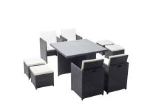 Table et chaises 8 places encastrables en résine noir/blanc