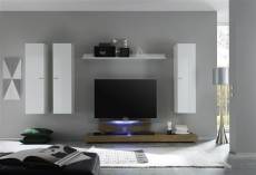 Ensemble meuble TV blanc laqué et chêne avec éclairage