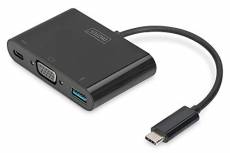 DIGITUS Adaptateur Graphique multiport USB Type-C vers VGA + USB A 3.0 + USB C, Fonction de Charge, Full HD 60 Hz, Plastique, Noir